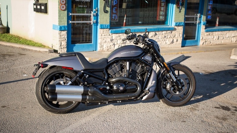 A chrome deleted Night Rod Special, 2017 model year parked outside a lot