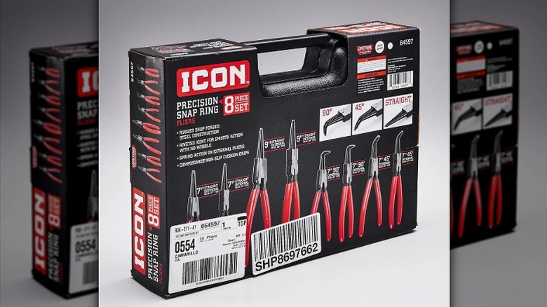 Box of Icon Snap Ring Pliers placed on a white surface,