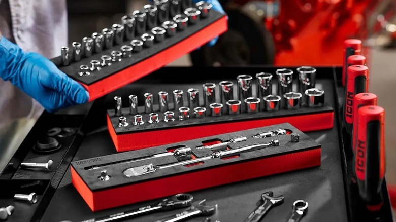 Multiple hand tools and bits and sockets arranged in dedicated trays.
