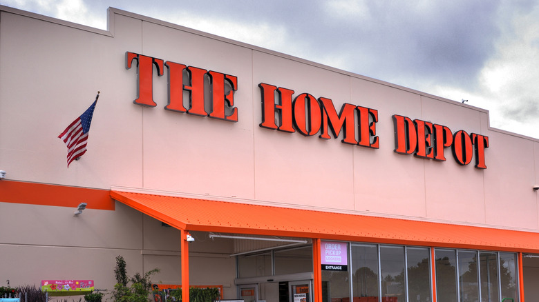 The Home Depot logo on a gray building