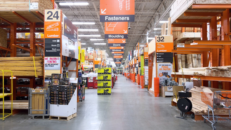 The woodworking section of the inside of a Home Depot store