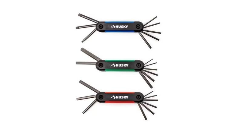 Three foldable hex key sets by Husky, colored blue, green, and red
