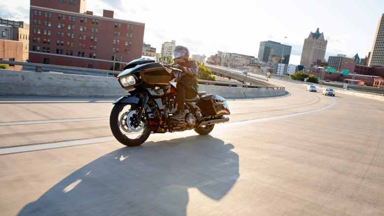 A Harley Davidson CVO Glider on the highway