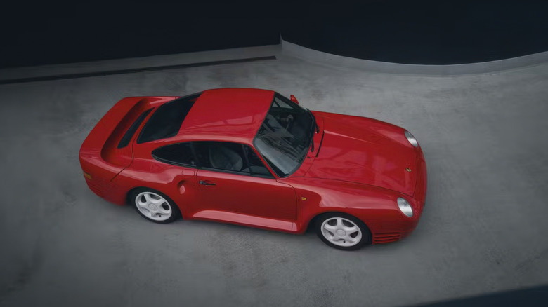 Red Porsche 959 photographed from above