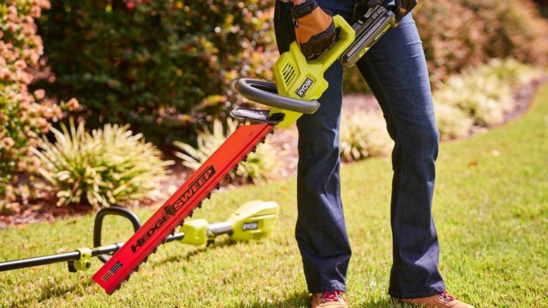 A person holds a Ryobi 24-Inch Hedge Trimmer in a garden