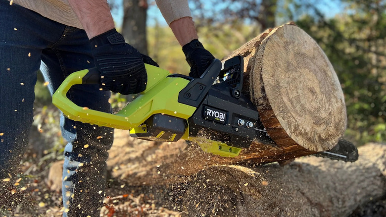 the 40V HP Brushless 20-Inch Chainsaw used to cut a section of a tree