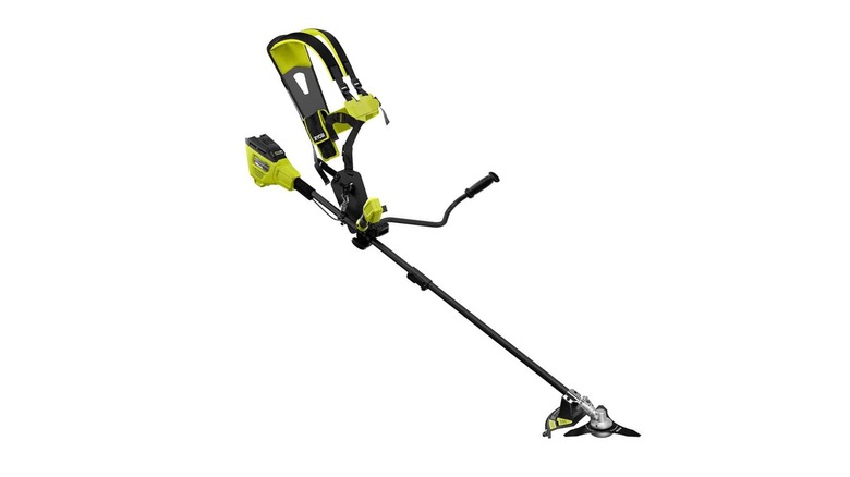 The 40V HP Brushless Brush Cutter/String Trimmer by Ryobi with a harness mounted on