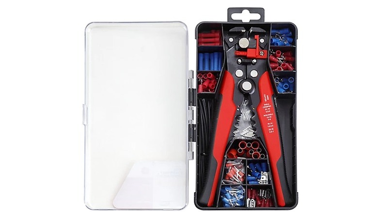 Wires, connectors and other accessories placed inside a transparent storage case.
