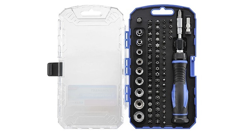 Sockets, bits, and driver placed inside a transparent case.