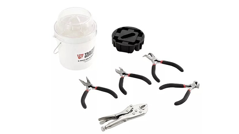 Mini pliers and a storage bucket with a storage rack.