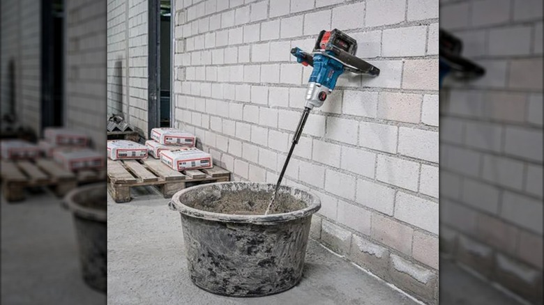high torque mixer and a bucket of material