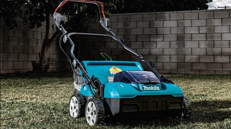 Makita dethatcher/scarifier in a yard