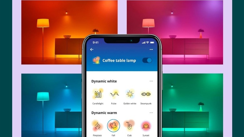 A smartphone controlling lights in four different scenarios