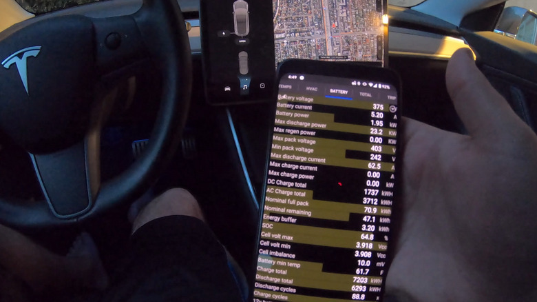 A man holding a phone with the Scan My Tesla app open on it, displaying information about the connected vehicle
