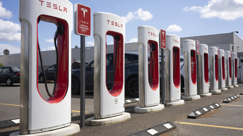 A line of Tesla Superchargers that are empty at the moment, in classic red on white paint scheme