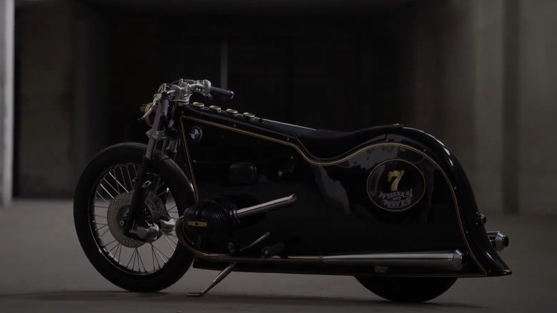 The Kingston Custom BMW Black Phantom custom bike in a studio setting.
