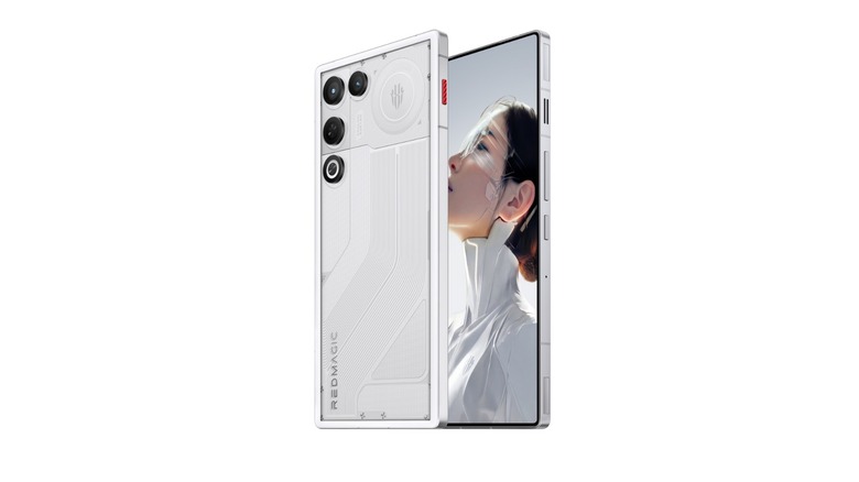 A white RedMagic 11 Air smartphone with its front and back on display