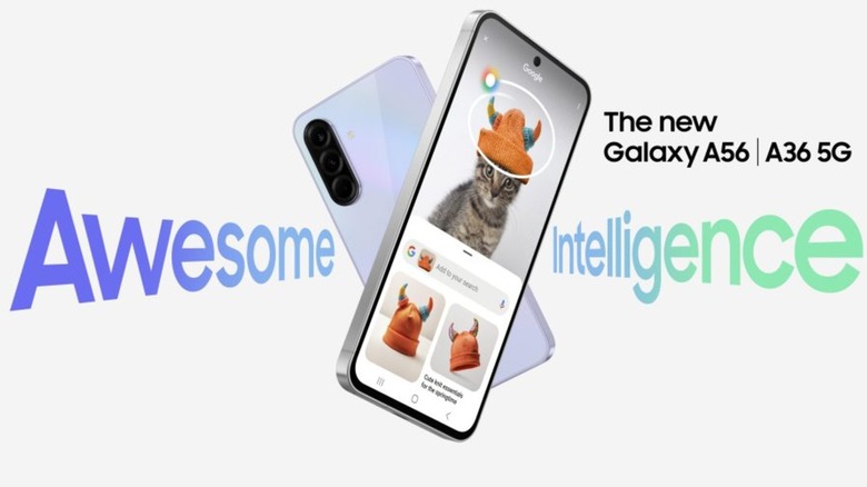 A Samsung Galaxy A56 (and/or A36) smartphone on display with introductory text and an "Awesome Intelligence" graphic