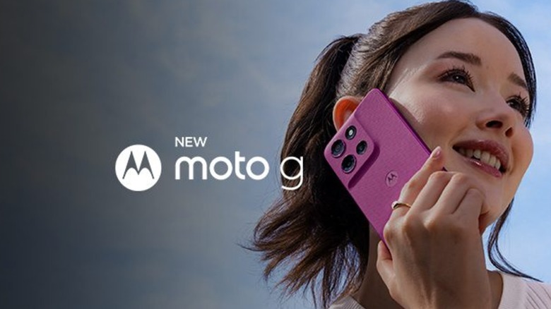 A woman holding a Moto G phone to her ear with floating text of the phone's name