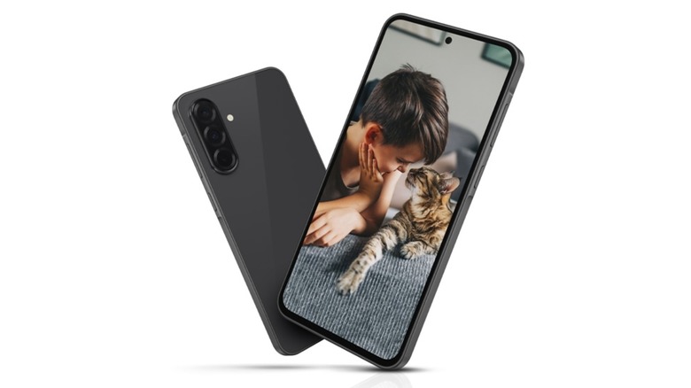 A Samsung Galaxy A36 with its front and back on display showing an image of a person with a cat