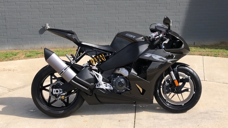A yellow and black Buell 11190RX in a resting position
