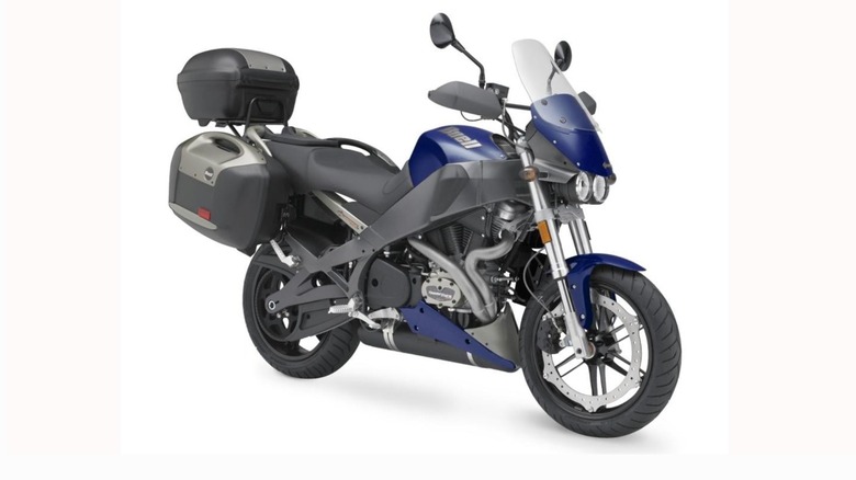 A blue and black Buell Ulysses XB12XT with a white background