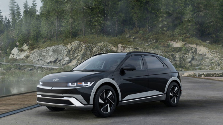 A black Hyundai Ioniq 5 parked near a lake.