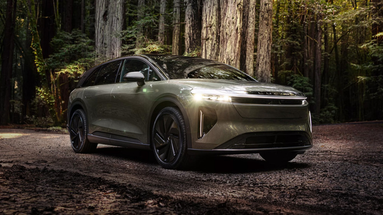 A Lucid Gravity on a dirt road in the middle of the woods.