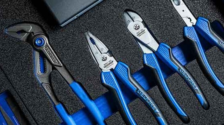 A Gedore pliers set arranged in a custom foam drawer insert.