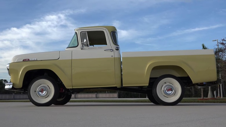 Inca Gold and Colonial White Ford F100 profile shot