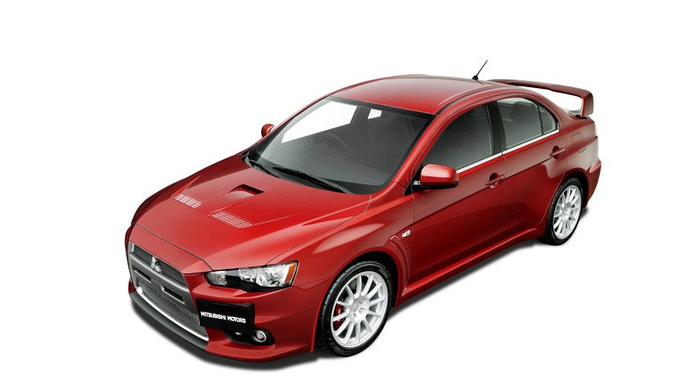 Mitsubishi Lancer Evolution X front 3/4 view from above