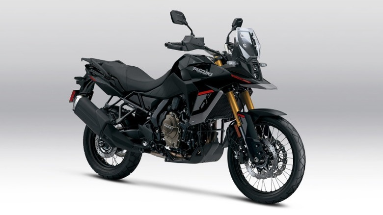 A black Suzuki V-Storm 800DE motorcycle