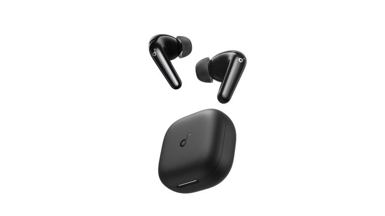 Soundcore earbuds and case white background