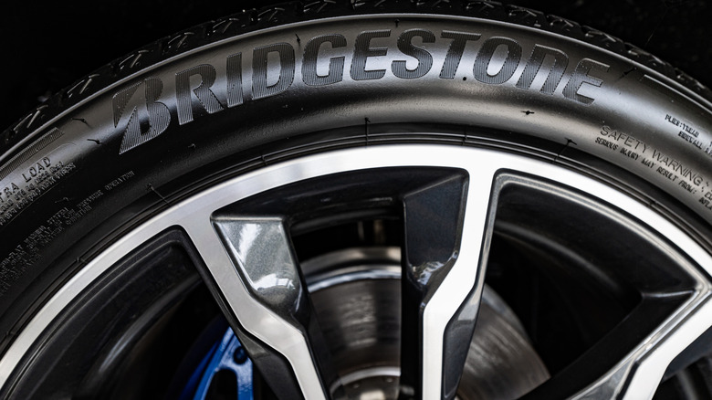 A closeup shot of a Bridgestone tire
