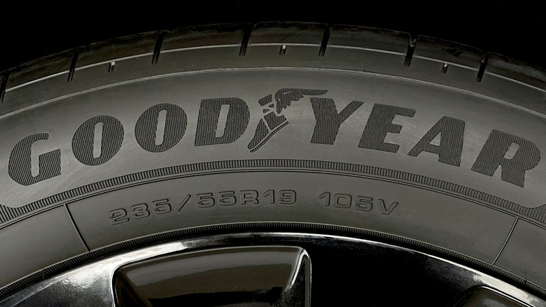A closeup image of a Goodyear tire