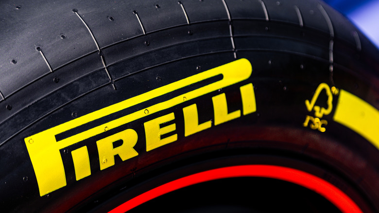 A Pirelli tire on a Formula 1 car