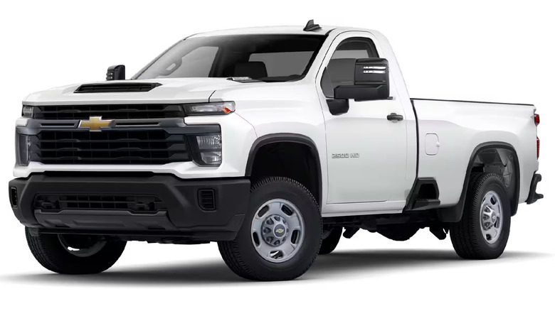The heavy duty Chevrolet Silverado displayed in a studio setting, in single cab config