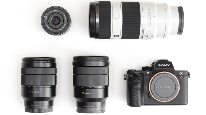 Sony A7R camera with multiple lenses