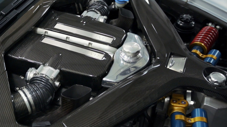 A close up shot of the Aston Martin One-77's Cosworth V12 engine