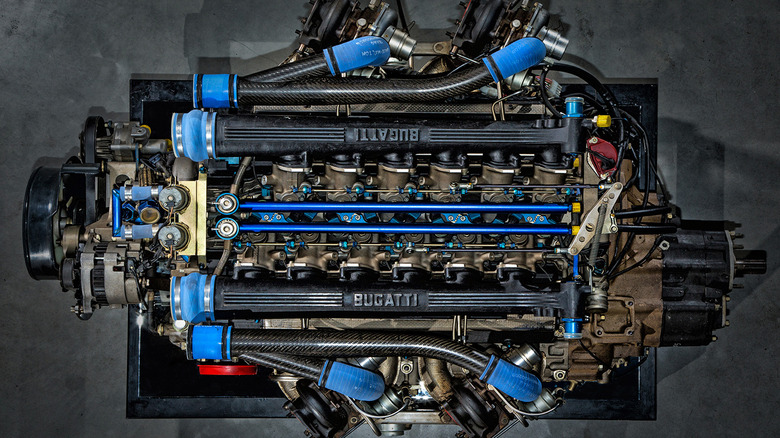 An overhead image of the Bugatti EB110 V12 engine