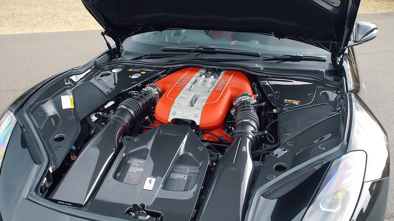 A close up shot of the Ferrari 812 Superfast's F140 V12 Engine
