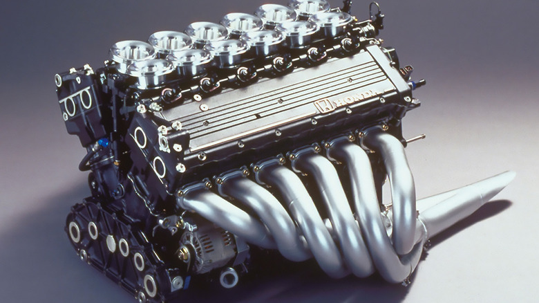 A close up image of the 1991 Mclaren MP4/6's Honda  RA121E V12 engine