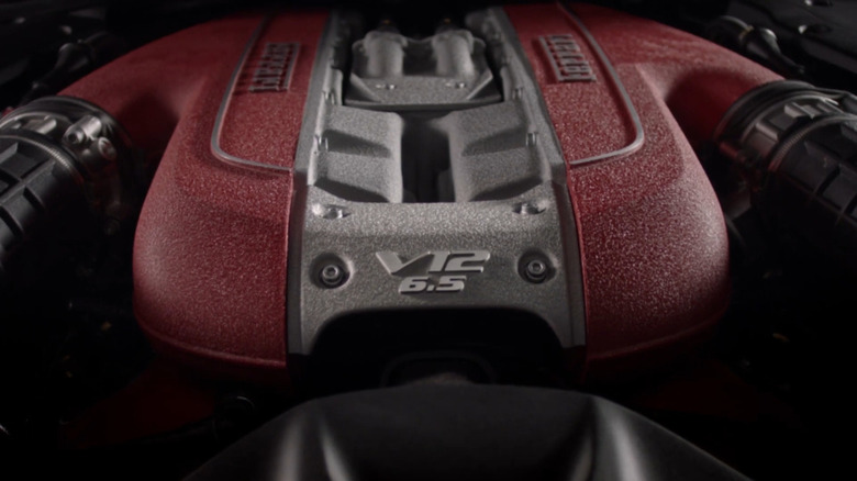 A close up shot of the Ferrari 812 Superfast's F140 V12 Engine