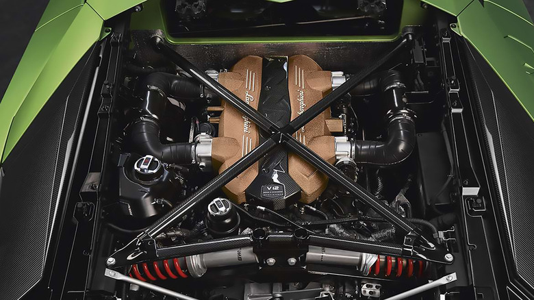 A close up image of the Lamborghini Aventador SVJ's V12 engine