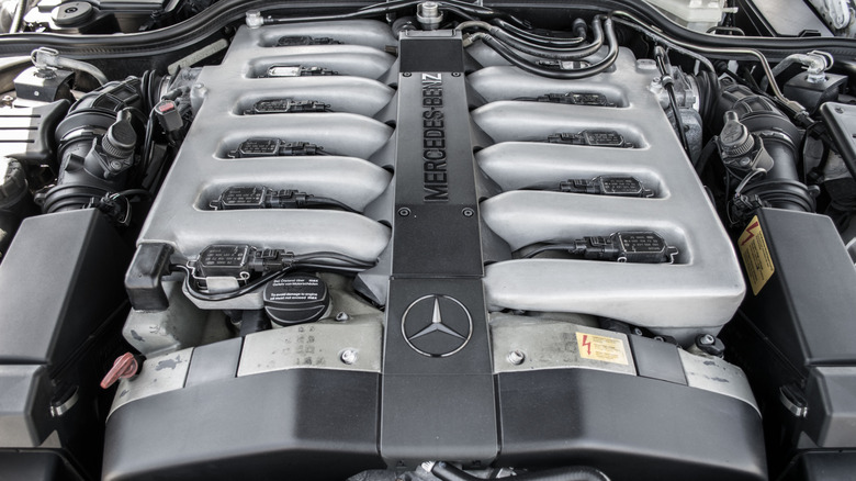 A close up image of the Mercedes-Benz M120 V12 engine