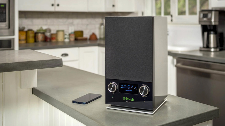 A McIntosh RS150 speaker on a kitchen bar table