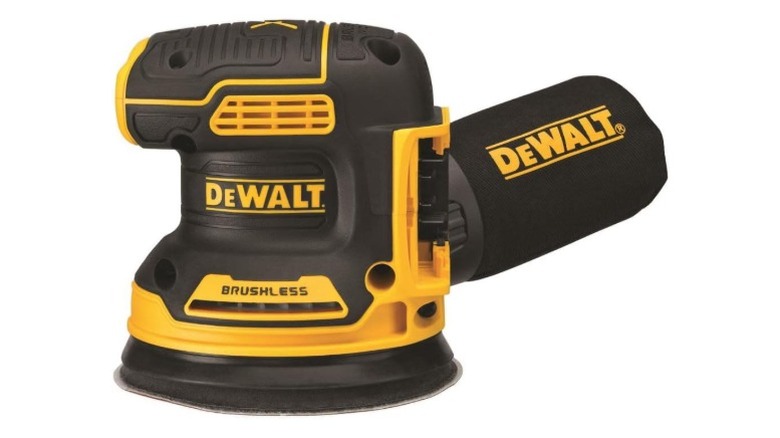 The DeWalt 20V Max Orbital Sander with the words "brushless" written on it
