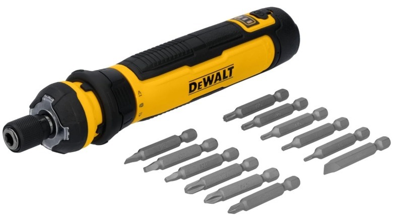The DeWalt FlexDrive Cordless Screwdriver next to some driver bits