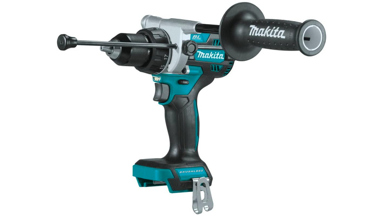 Makita's Brushless LXT Hammer Drill in light blue on a white background