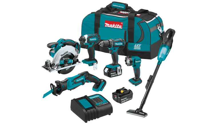 The Makita 6-Piece Combo kit, including tools, a vacuum, a battery and charger, and a bag